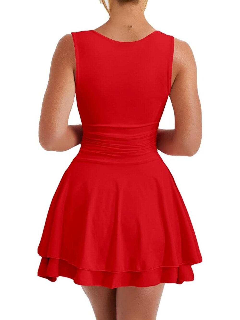Women's Red Square Neck Ruffle Hem Ruched Waist Short Pull On Mini Dress - Picture 2 of 5